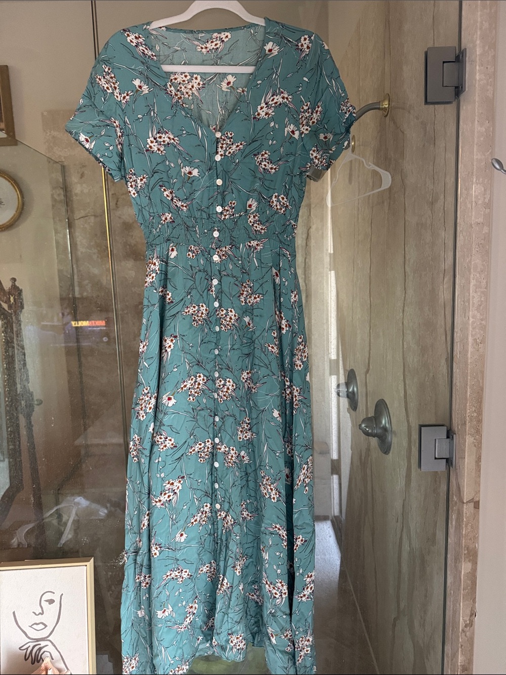 Teal Floral Button-Front Midi Dress